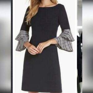 Eliza J Plaid Sleeve Detail Old Money Vibes Small Double Ruffle Crepe Dress